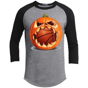 Basketball Pumpkin Raglan T-Shirts CustomCat Heather Grey/Black X-Small 