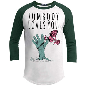 Zombody Loves You Raglan T-Shirts CustomCat White/Forest X-Small 