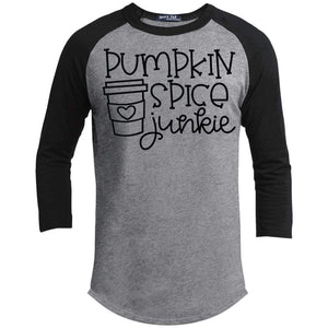 Pumpkin Spice Junkie Raglan T-Shirts CustomCat Heather Grey/Black X-Small 