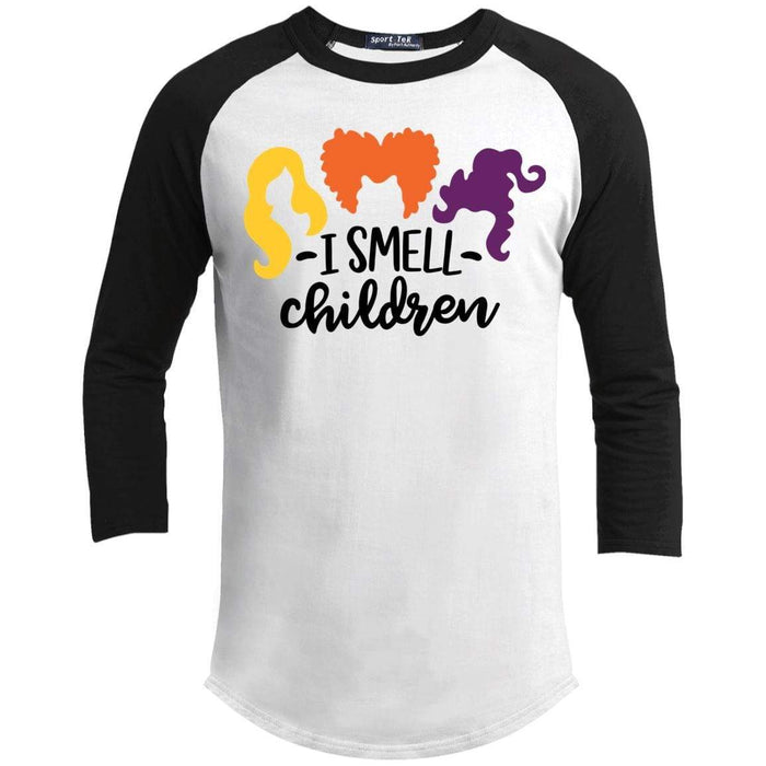 I Smell Children Raglan T-Shirts CustomCat White/Black X-Small 