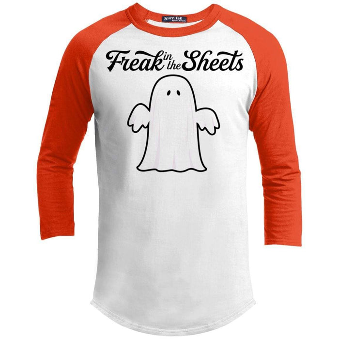 Freak In The Sheets Raglan T-Shirts CustomCat White/Deep Orange X-Small 