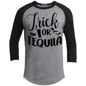 Trick Or Tequila Raglan T-Shirts CustomCat Heather Grey/Black X-Small 