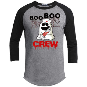 Boo Boo Crew Nurse Raglan T-Shirts CustomCat Heather Grey/Black X-Small 