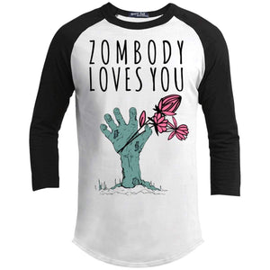 Zombody Loves You Raglan T-Shirts CustomCat White/Black X-Small 