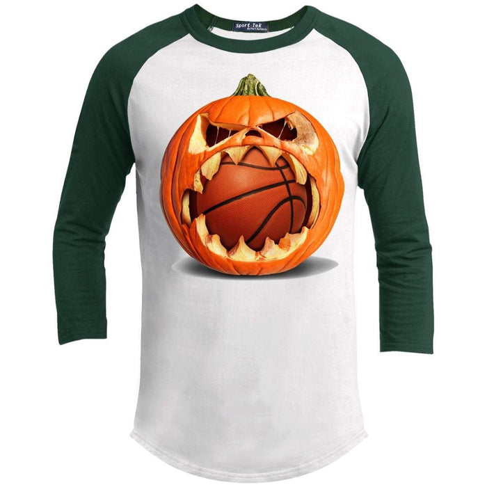 Basketball Pumpkin Raglan T-Shirts CustomCat White/Forest X-Small 