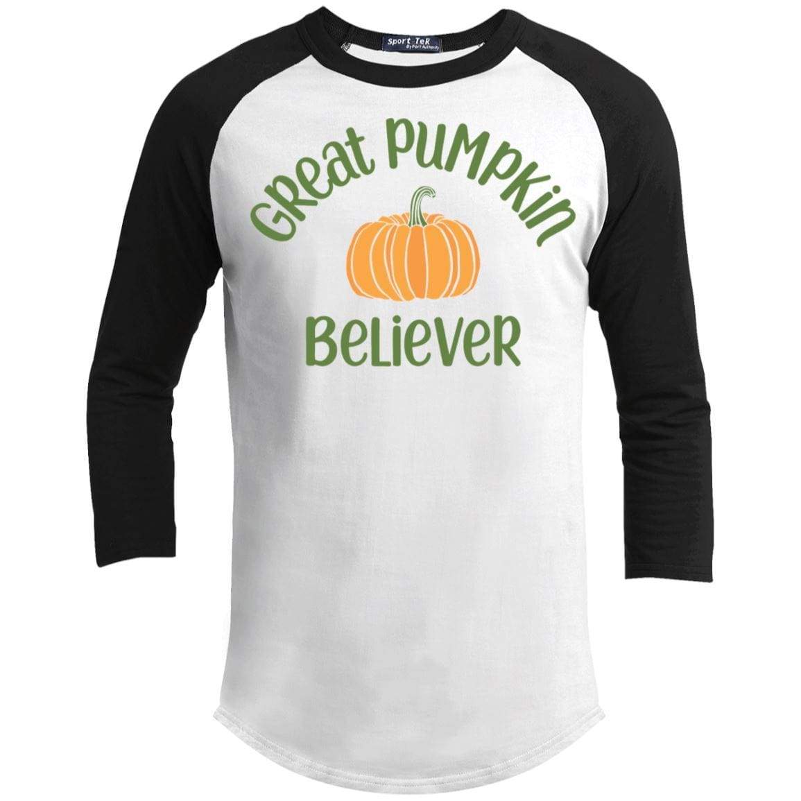 Pumpkin Believer Raglan T-Shirts CustomCat White/Black X-Small 