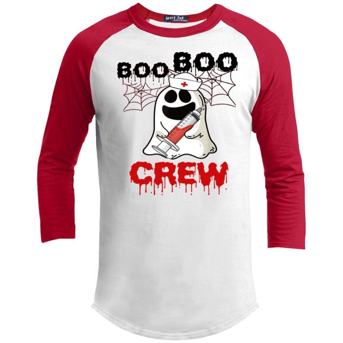 Boo Boo Crew Nurse Raglan T-Shirts CustomCat White/Red X-Small 