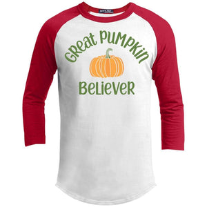 Pumpkin Believer Raglan T-Shirts CustomCat White/Red X-Small 