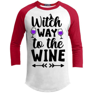 Witch Way To The Wine Raglan T-Shirts CustomCat White/Red X-Small 