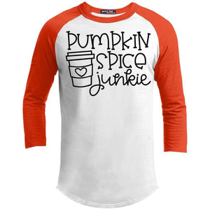 Pumpkin Spice Junkie Raglan T-Shirts CustomCat White/Deep Orange X-Small 