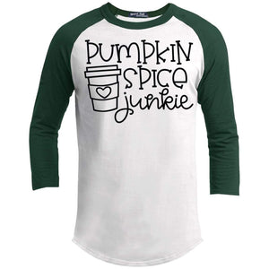 Pumpkin Spice Junkie Raglan T-Shirts CustomCat White/Forest X-Small 
