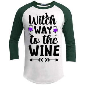Witch Way To The Wine Raglan T-Shirts CustomCat White/Forest X-Small 