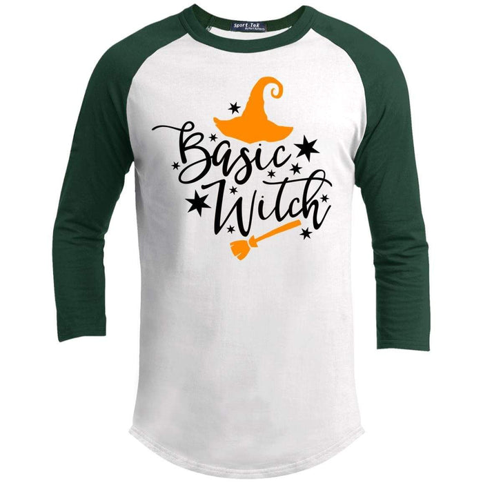 Basic Witch Raglan T-Shirts CustomCat White/Forest X-Small 