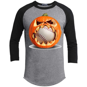 Baseball Pumpkin Raglan T-Shirts CustomCat Heather Grey/Black X-Small 