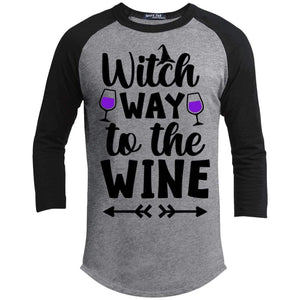 Witch Way To The Wine Raglan T-Shirts CustomCat Heather Grey/Black X-Small 