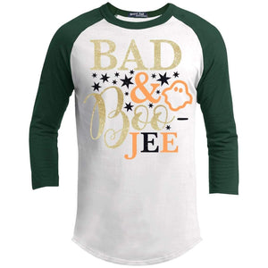 Bad and Boojee Glitter Raglan T-Shirts CustomCat White/Forest X-Small 