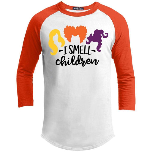 I Smell Children Raglan T-Shirts CustomCat White/Deep Orange X-Small 