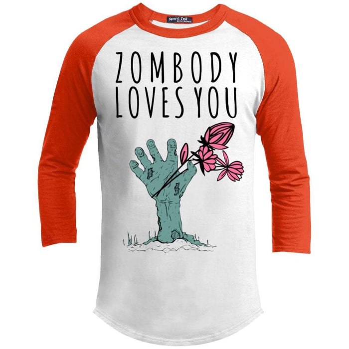 Zombody Loves You Raglan T-Shirts CustomCat White/Deep Orange X-Small 