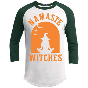 Namaste Witches Raglan T-Shirts CustomCat White/Forest X-Small 