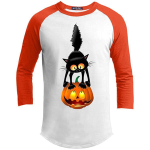 Black Cat Pumpkin Raglan T-Shirts CustomCat White/Deep Orange X-Small 