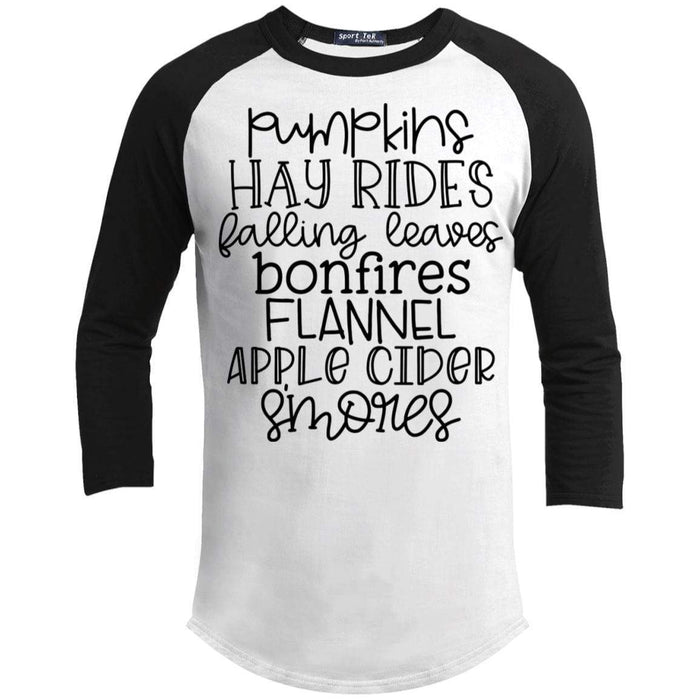 Pumpkins Hayrides Falling Leaves Raglan T-Shirts CustomCat White/Black X-Small 