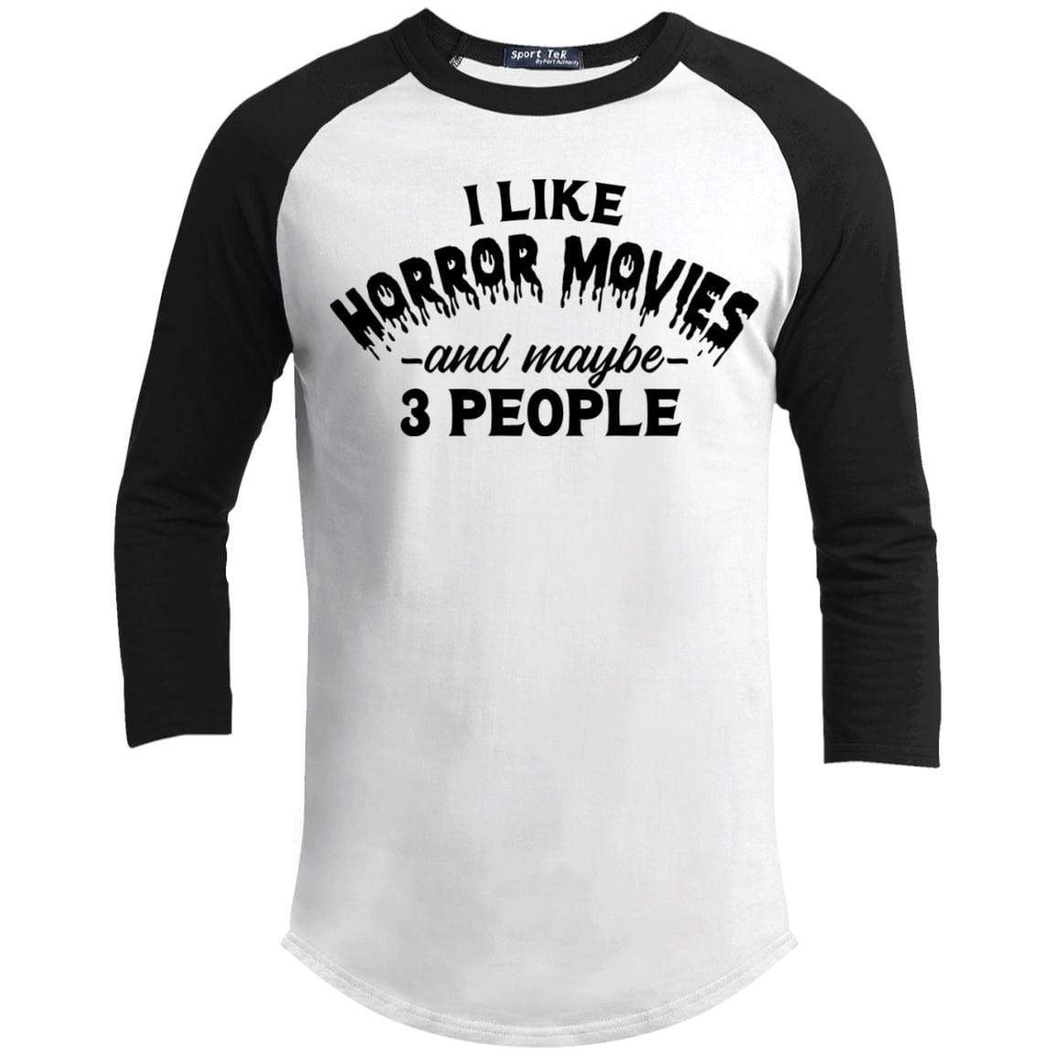 I Like Horror Movies and 3 People Raglan T-Shirts CustomCat White/Black X-Small 