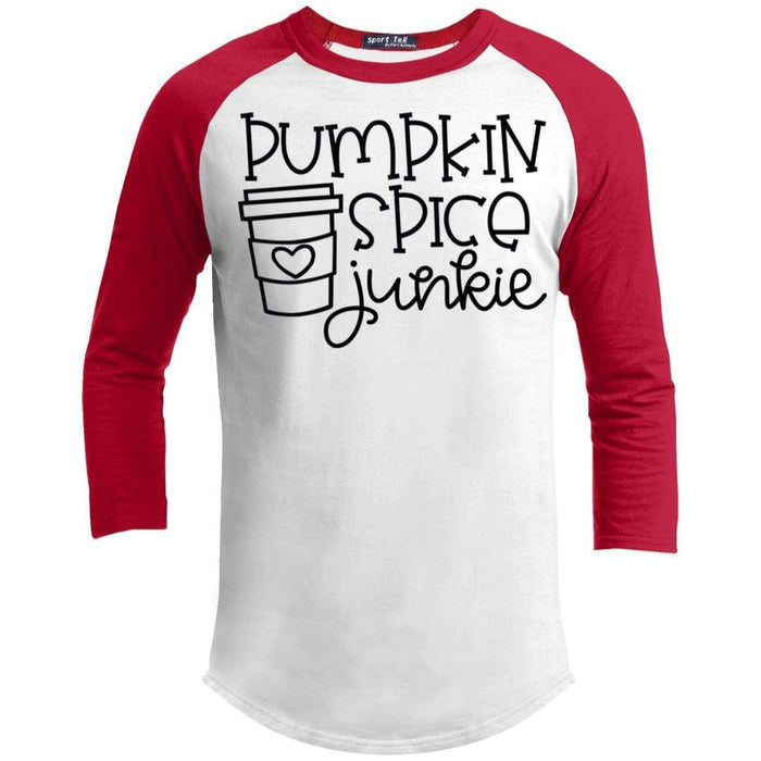 Pumpkin Spice Junkie Raglan T-Shirts CustomCat White/Red X-Small 