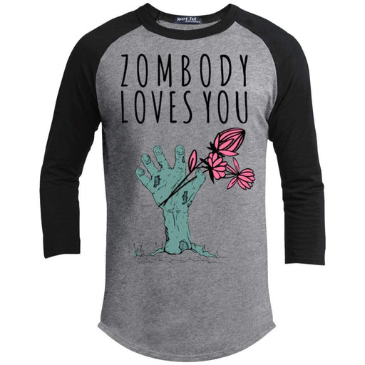 Zombody Loves You Raglan T-Shirts CustomCat Heather Grey/Black X-Small 