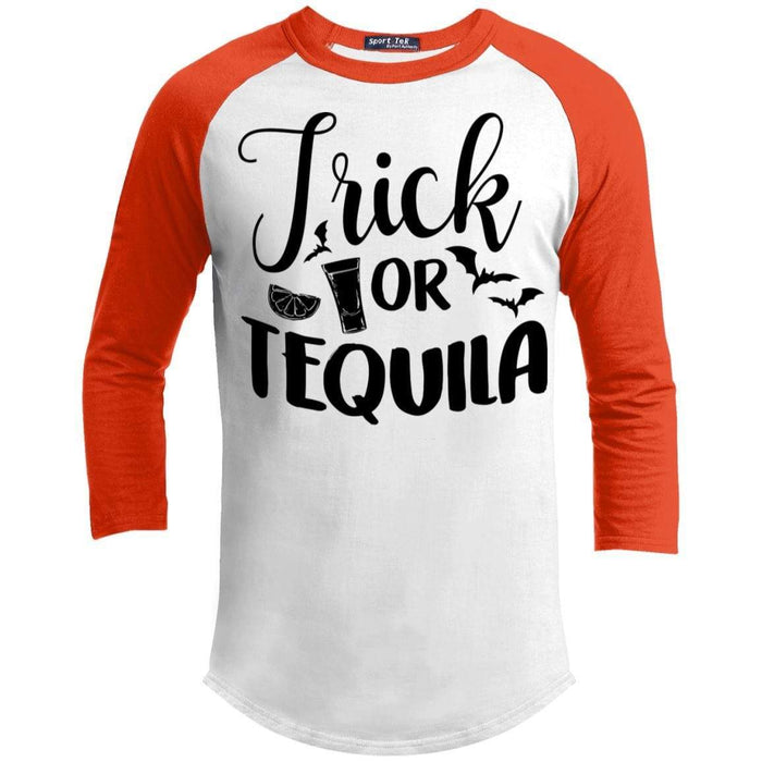 Trick Or Tequila Raglan T-Shirts CustomCat White/Deep Orange X-Small 