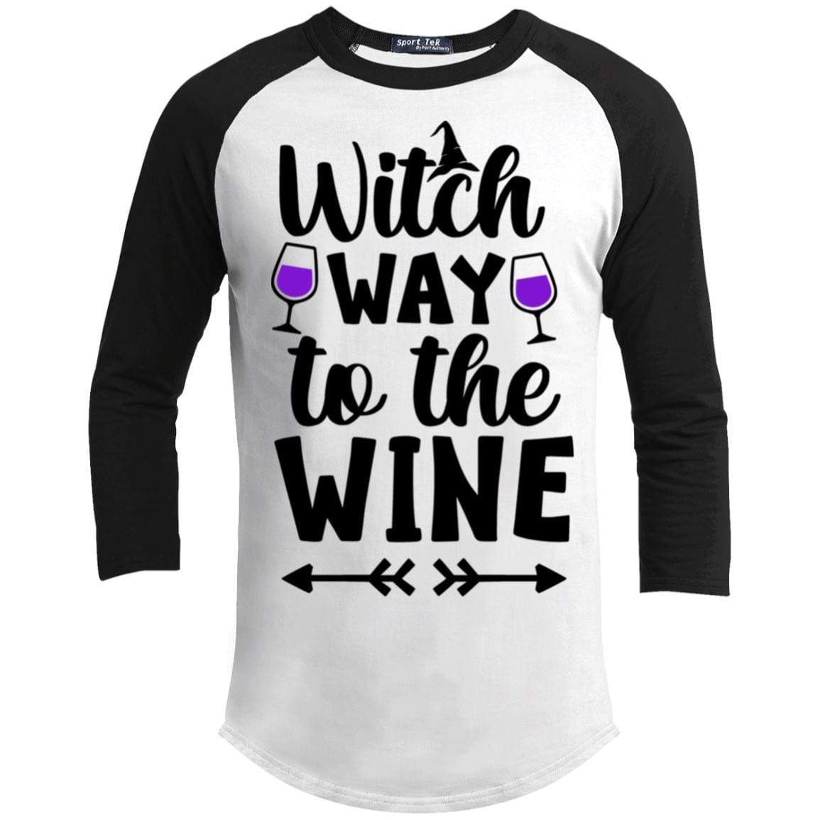 Witch Way To The Wine Raglan T-Shirts CustomCat White/Black X-Small 