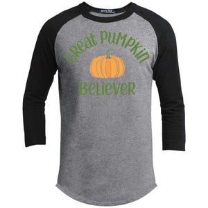 Pumpkin Believer Raglan T-Shirts CustomCat Heather Grey/Black X-Small 