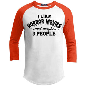 I Like Horror Movies and 3 People Raglan T-Shirts CustomCat White/Deep Orange X-Small 