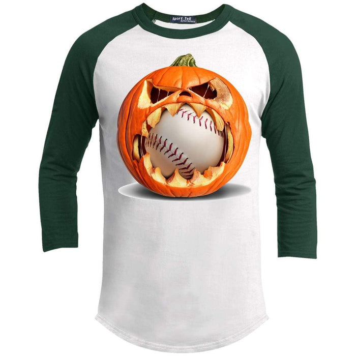 Baseball Pumpkin Raglan T-Shirts CustomCat White/Forest X-Small 