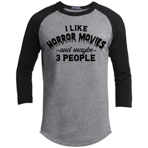 I Like Horror Movies and 3 People Raglan T-Shirts CustomCat Heather Grey/Black X-Small 