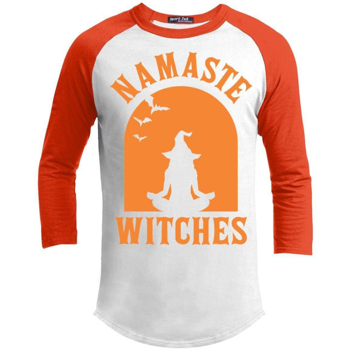 Namaste Witches Raglan T-Shirts CustomCat White/Deep Orange X-Small 