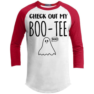 Check Out My Boo-Tee Raglan T-Shirts CustomCat White/Red X-Small 
