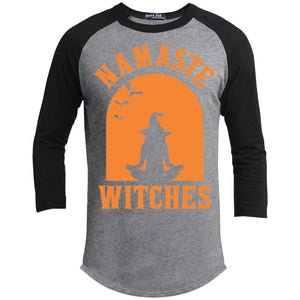 Namaste Witches Raglan T-Shirts CustomCat Heather Grey/Black X-Small 