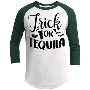 Trick Or Tequila Raglan T-Shirts CustomCat White/Forest X-Small 