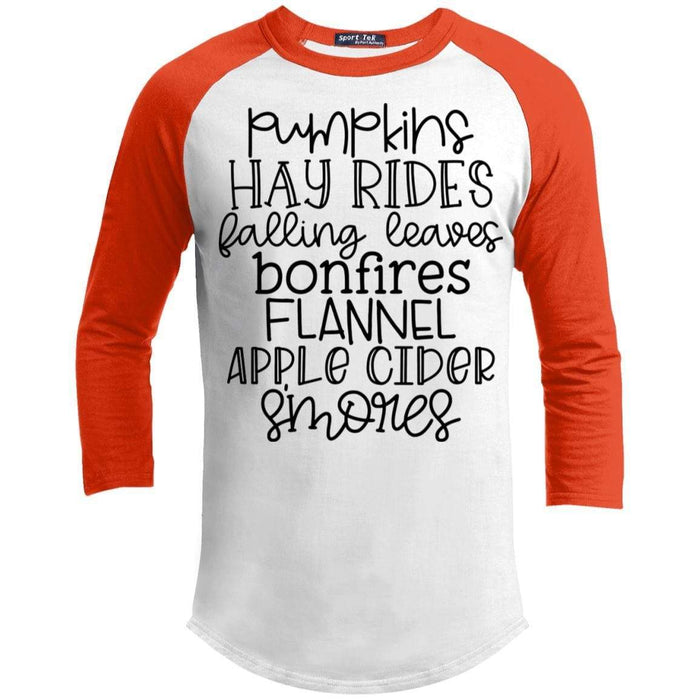 Pumpkins Hayrides Falling Leaves Raglan T-Shirts CustomCat White/Deep Orange X-Small 