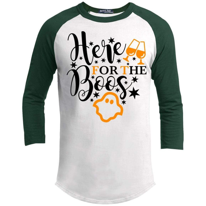 Here For The Boos Raglan T-Shirts CustomCat White/Forest X-Small 