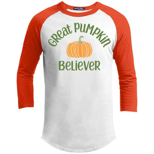 Pumpkin Believer Raglan T-Shirts CustomCat White/Deep Orange X-Small 