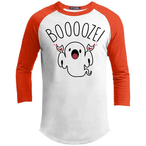 Booooze Raglan T-Shirts CustomCat White/Deep Orange X-Small 