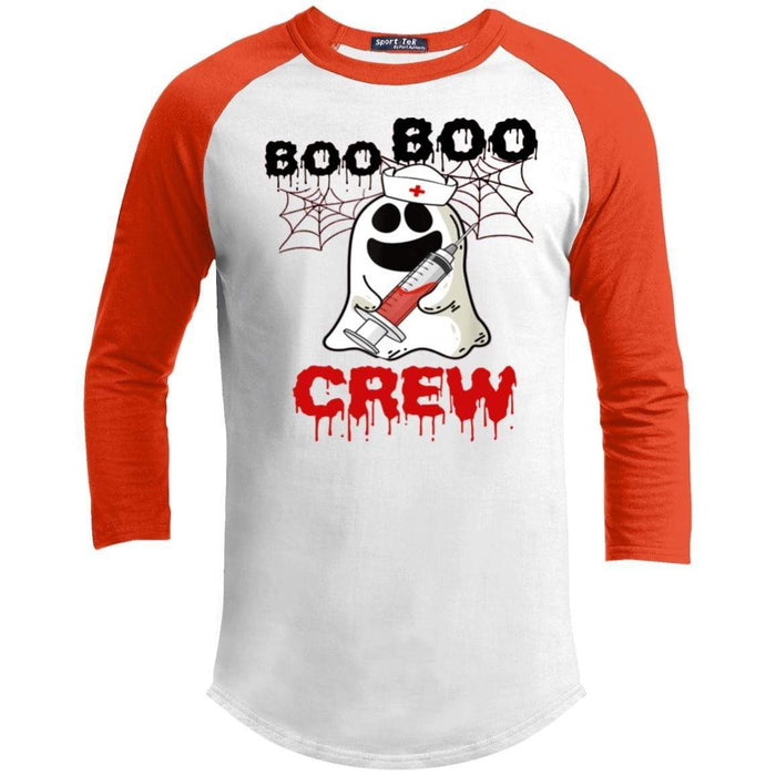 Boo Boo Crew Nurse Raglan T-Shirts CustomCat White/Deep Orange X-Small 