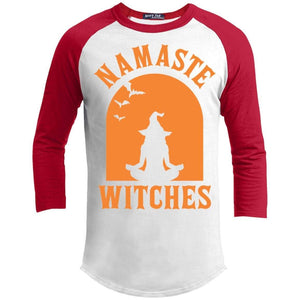Namaste Witches Raglan T-Shirts CustomCat White/Red X-Small 