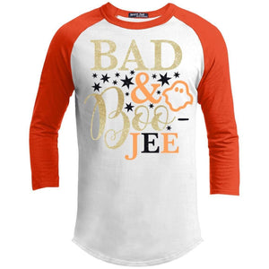Bad and Boojee Glitter Raglan T-Shirts CustomCat White/Deep Orange X-Small 