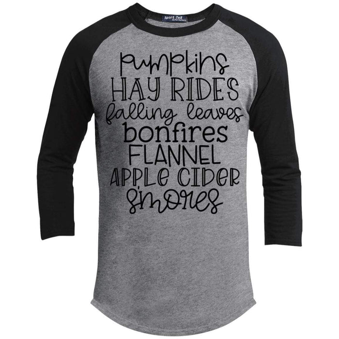 Pumpkins Hayrides Falling Leaves Raglan T-Shirts CustomCat Heather Grey/Black X-Small 