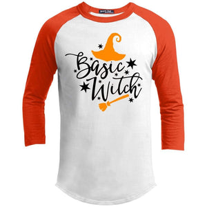 Basic Witch Raglan T-Shirts CustomCat White/Deep Orange X-Small 