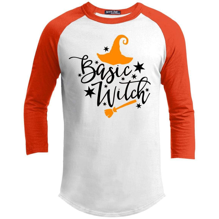 Basic Witch Raglan T-Shirts CustomCat White/Deep Orange X-Small 