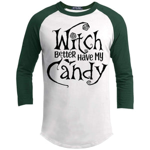Witch Candy Raglan T-Shirts CustomCat White/Forest X-Small 
