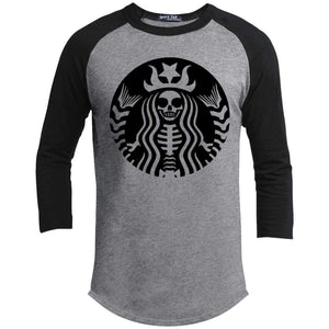 Skeleton Coffee Raglan T-Shirts CustomCat Heather Grey/Black X-Small 